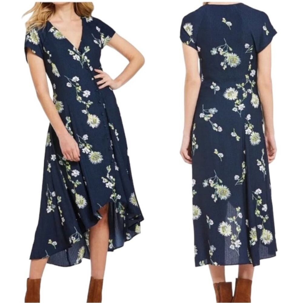Free People Lost in You Navy Blue & Yellow Floral High Low Midi Dress